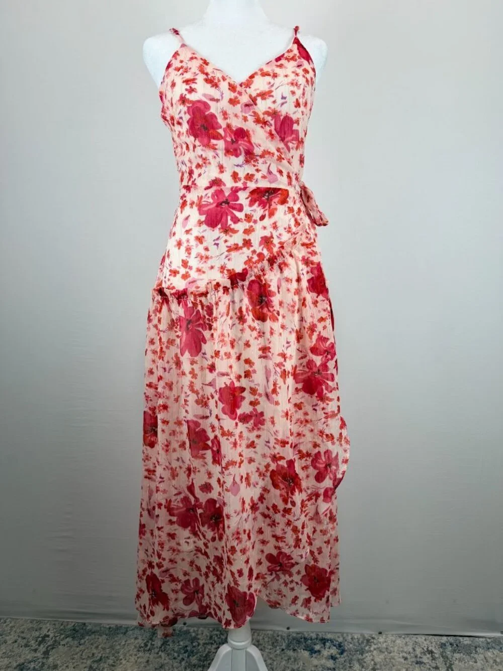 Lulus Womens Size S Pink Floral Wrap Midi Dress Ruffle Sleeveless NWT - Picture 2 of 16